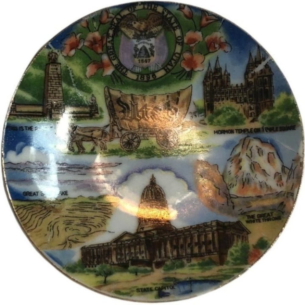 Vintage Miniature Plate Utah Beehive State, VICTORIA CERAMICS Japan Souvenir